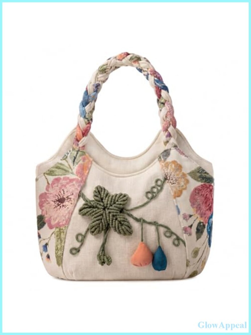 Vintage Embroidered Canvas Tote Bag with Zipper Pockets